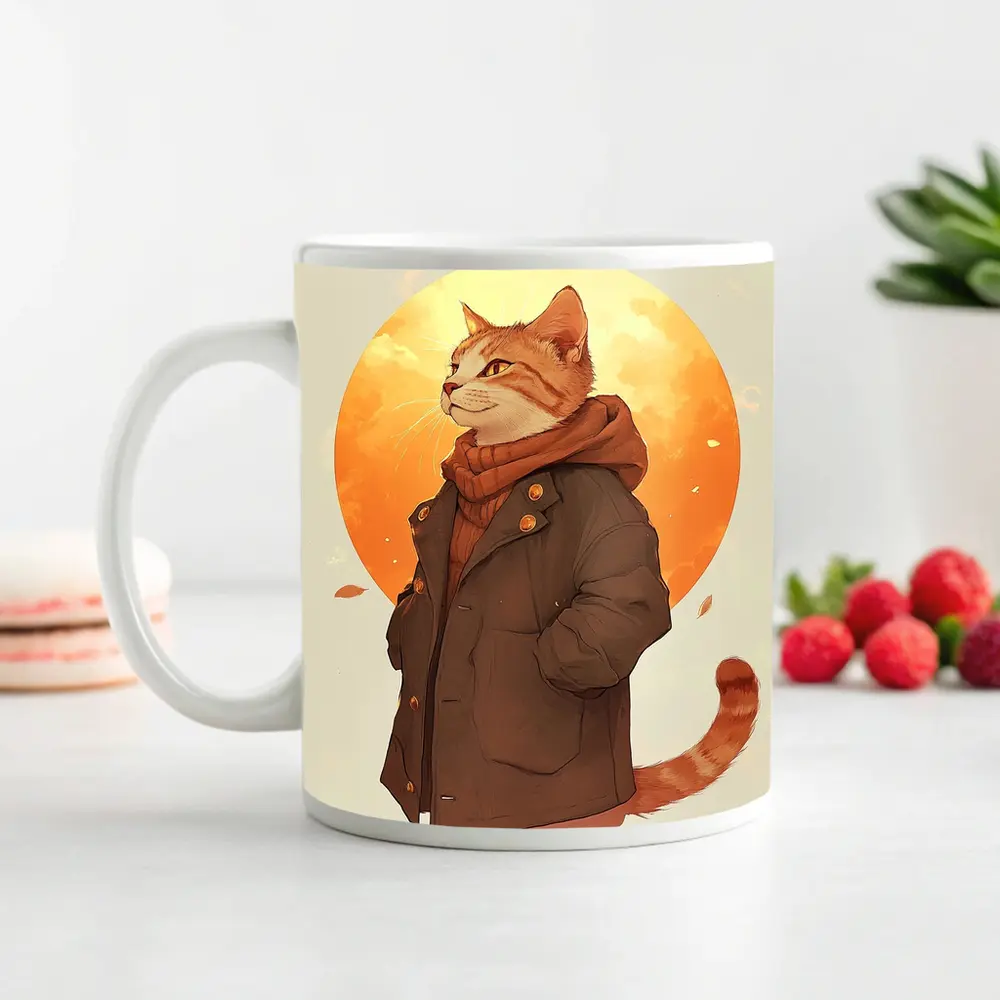 Tabby Cat Autumn Jacket Anime Art – Mugs