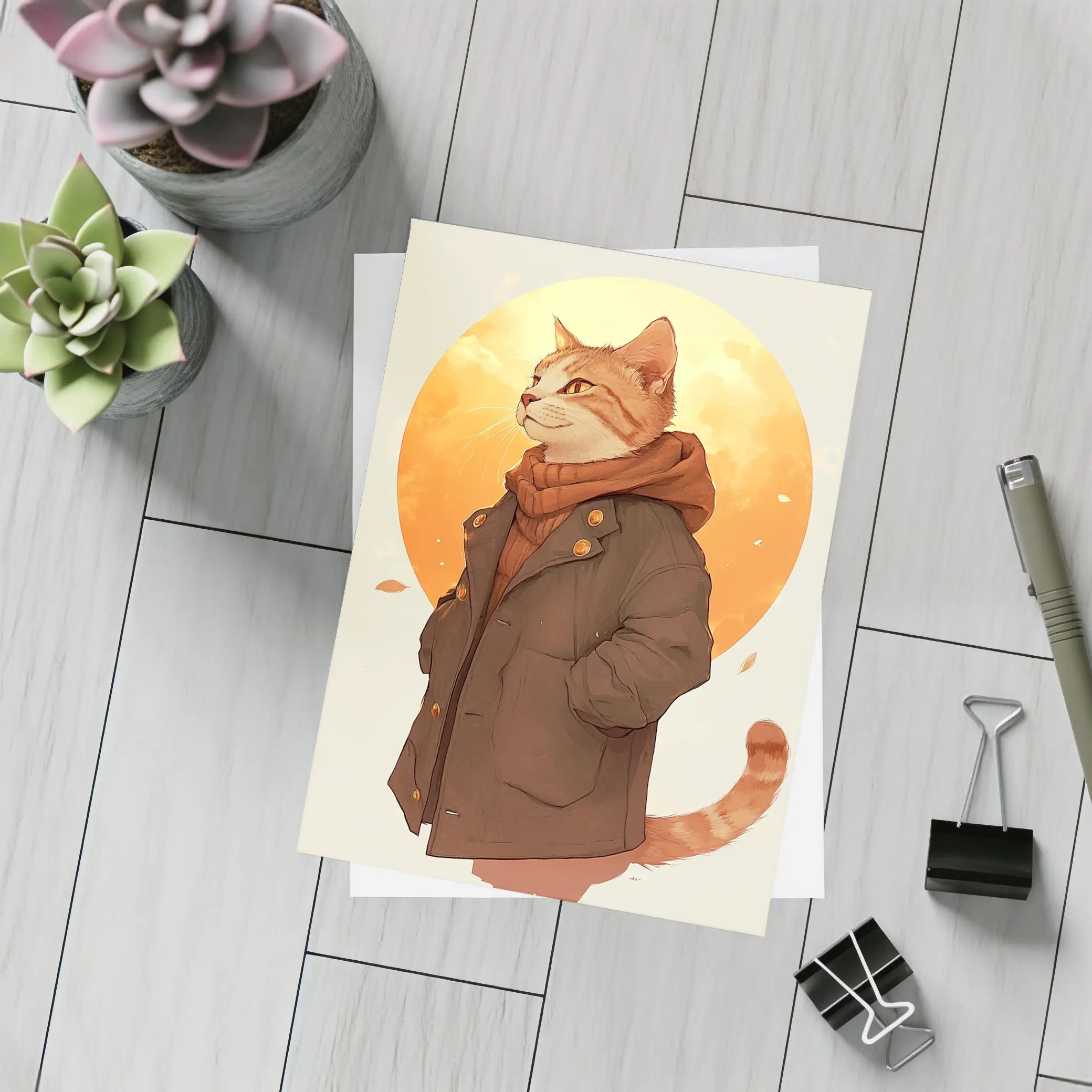 Tabby Cat Autumn Jacket Anime Art – Postcards