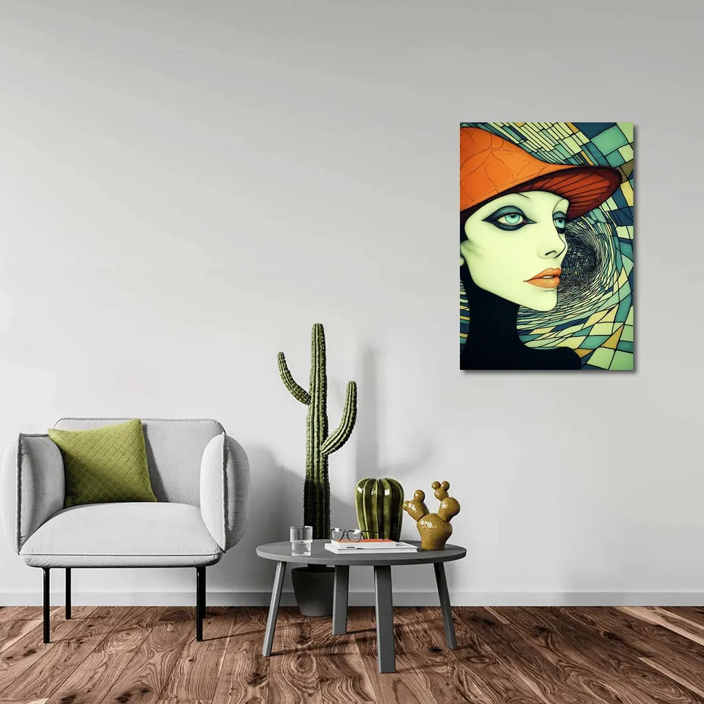 Art Deco Woman Orange Hat Swirl Background – Wall Art