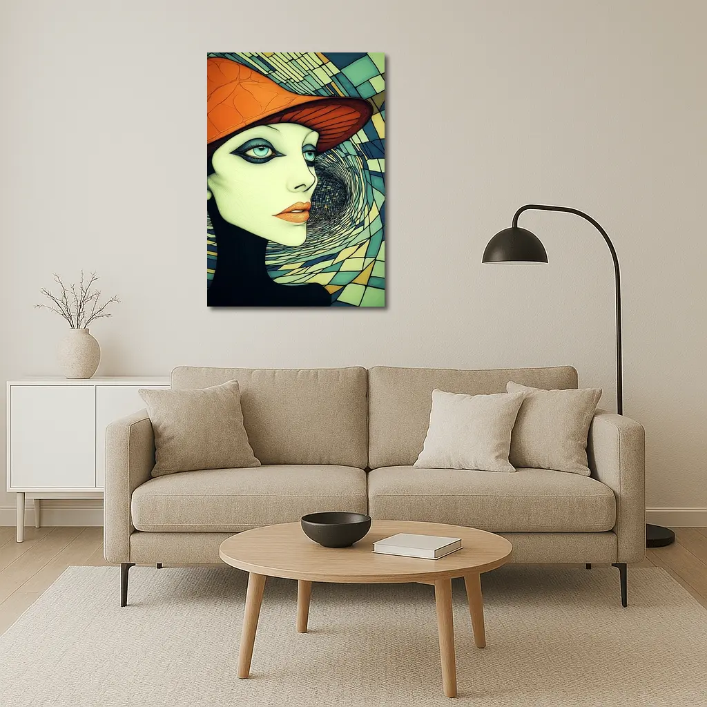 Art Deco Woman Orange Hat Swirl Background – Wall Art