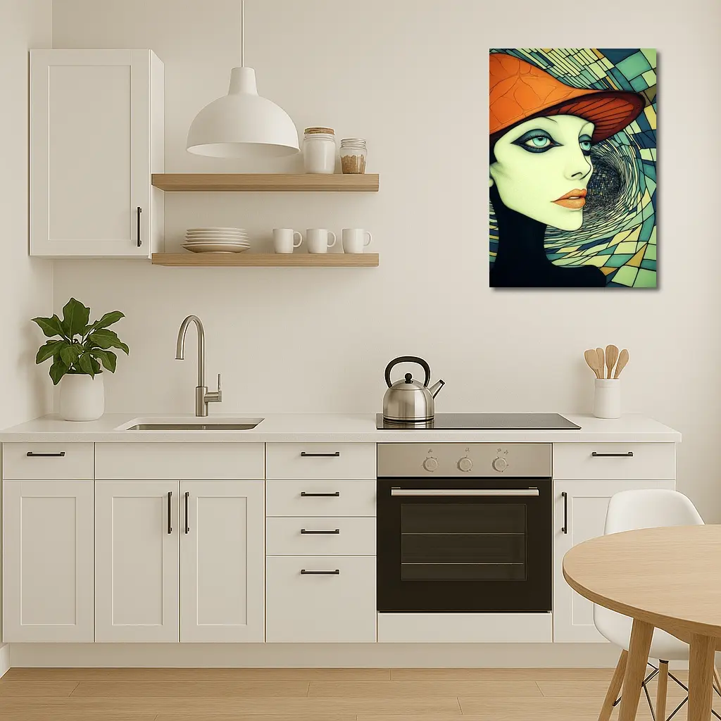 Art Deco Woman Orange Hat Swirl Background – Wall Art