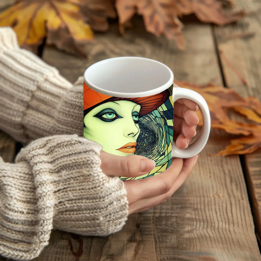 Art Deco Woman Orange Hat Swirl Background – Mugs