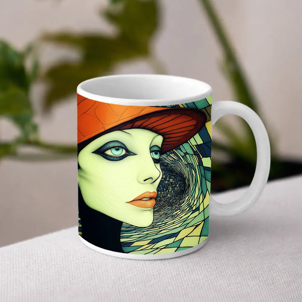 Art Deco Woman Orange Hat Swirl Background – Mugs