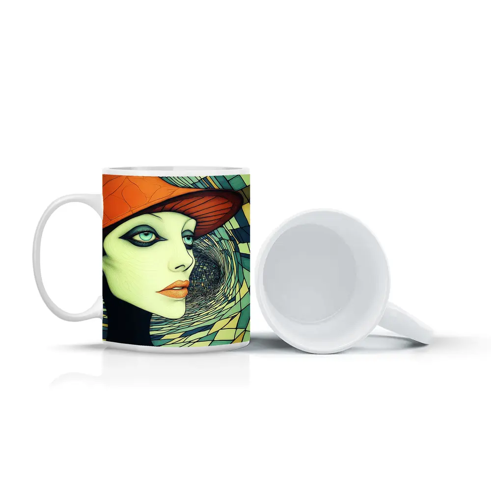 Art Deco Woman Orange Hat Swirl Background – Mugs