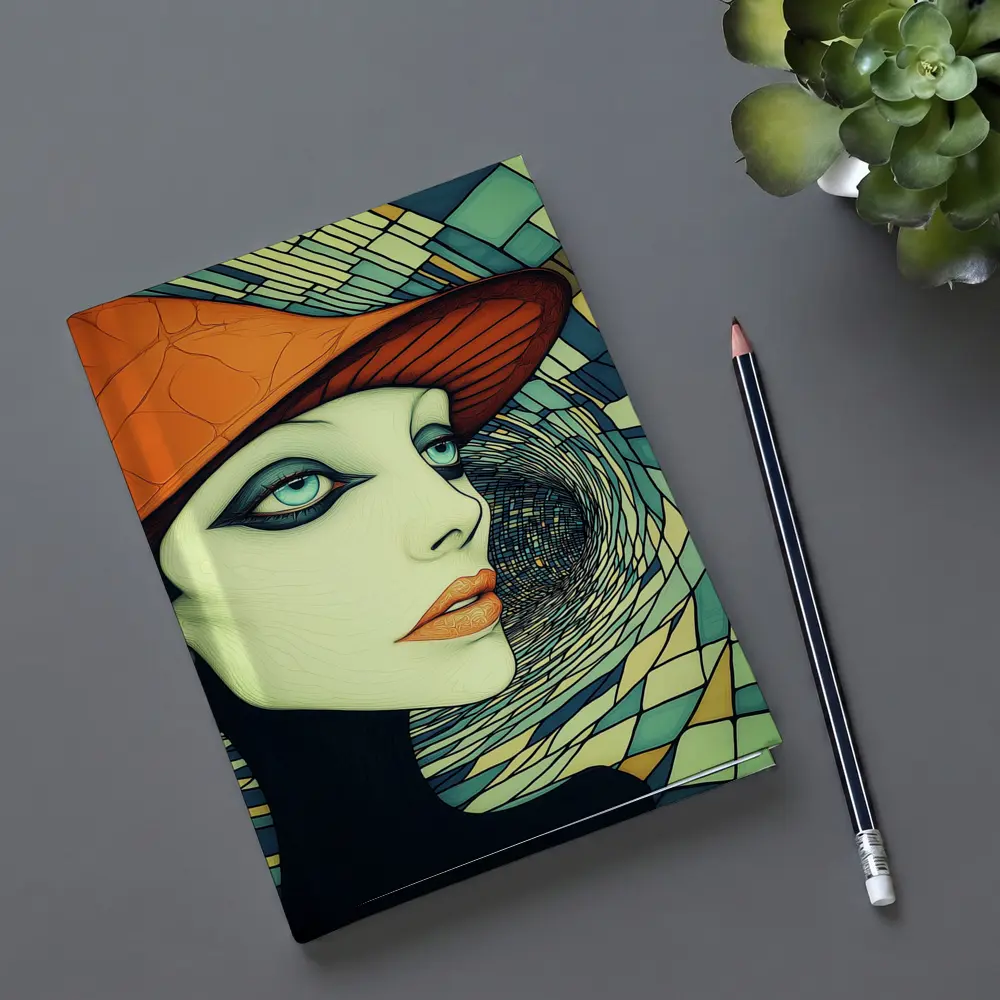 Art Deco Woman Orange Hat Swirl Background – Notebooks