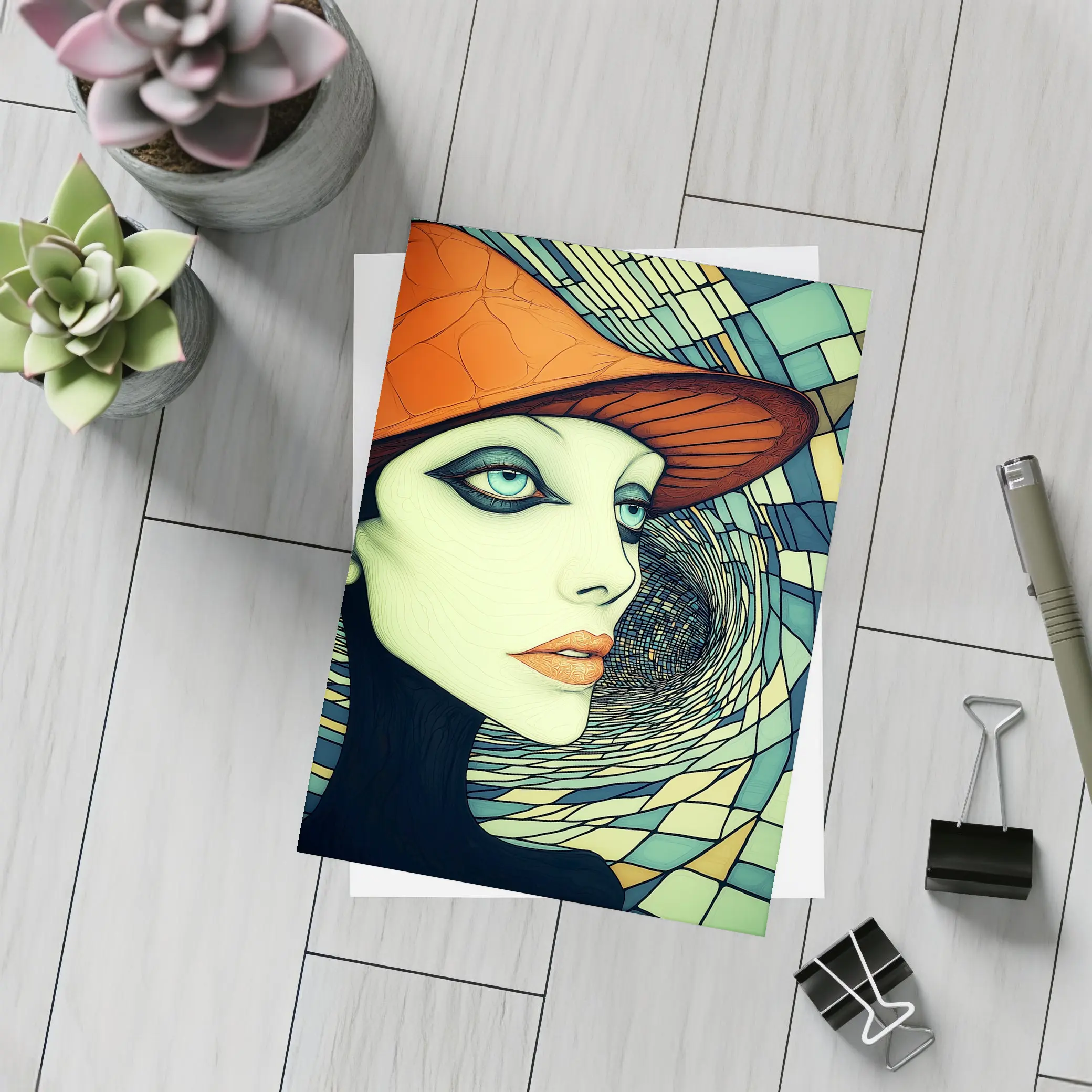 Art Deco Woman Orange Hat Swirl Background – Postcards
