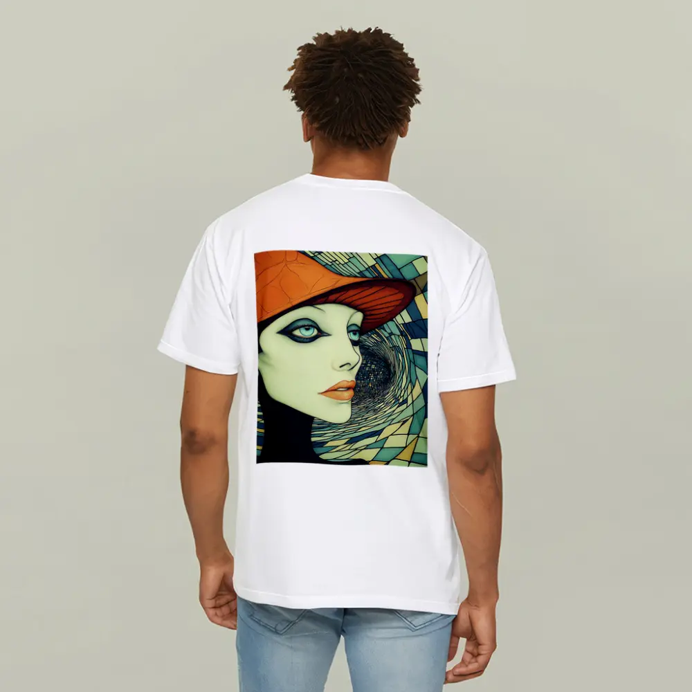 Art Deco Woman Orange Hat Swirl Background – T-Shirts