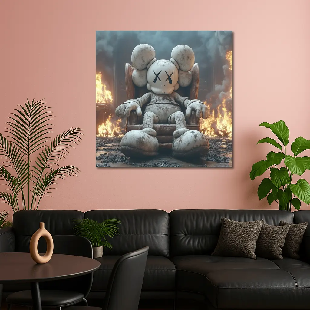 KAWS Figure Throne Surrounded By Fire – Wall Art