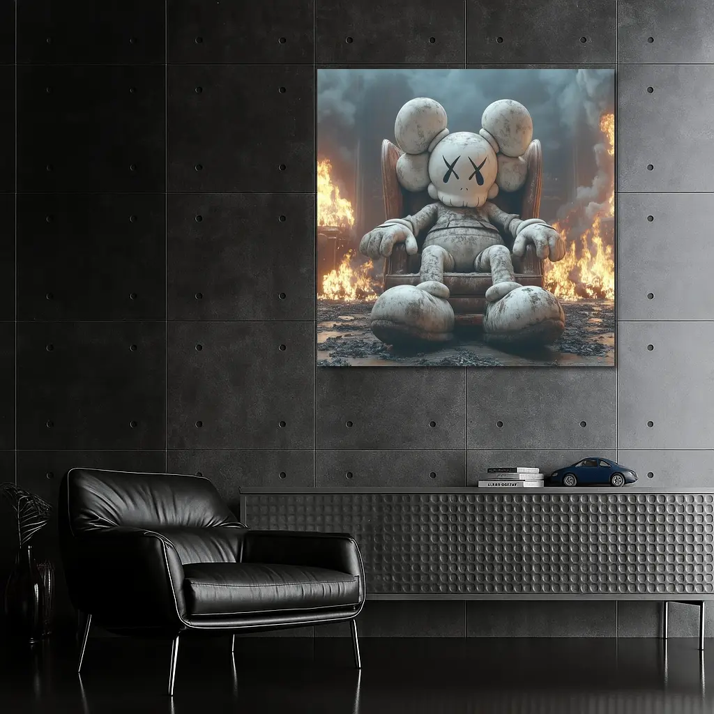 KAWS Figure Throne Surrounded By Fire – Wall Art