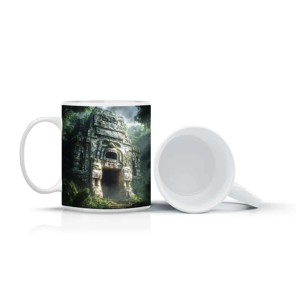 Ancient Mayan Temple Entrance Dense Jungle – Mugs