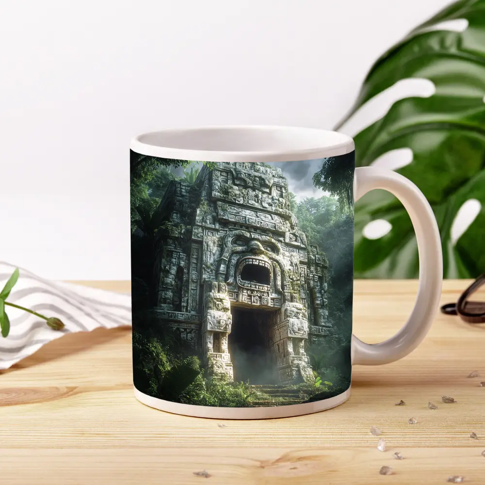 Ancient Mayan Temple Entrance Dense Jungle – Mugs