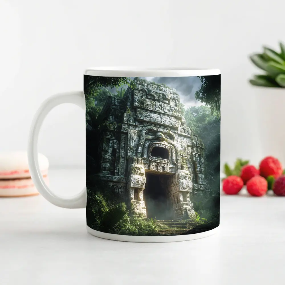 Ancient Mayan Temple Entrance Dense Jungle – Mugs