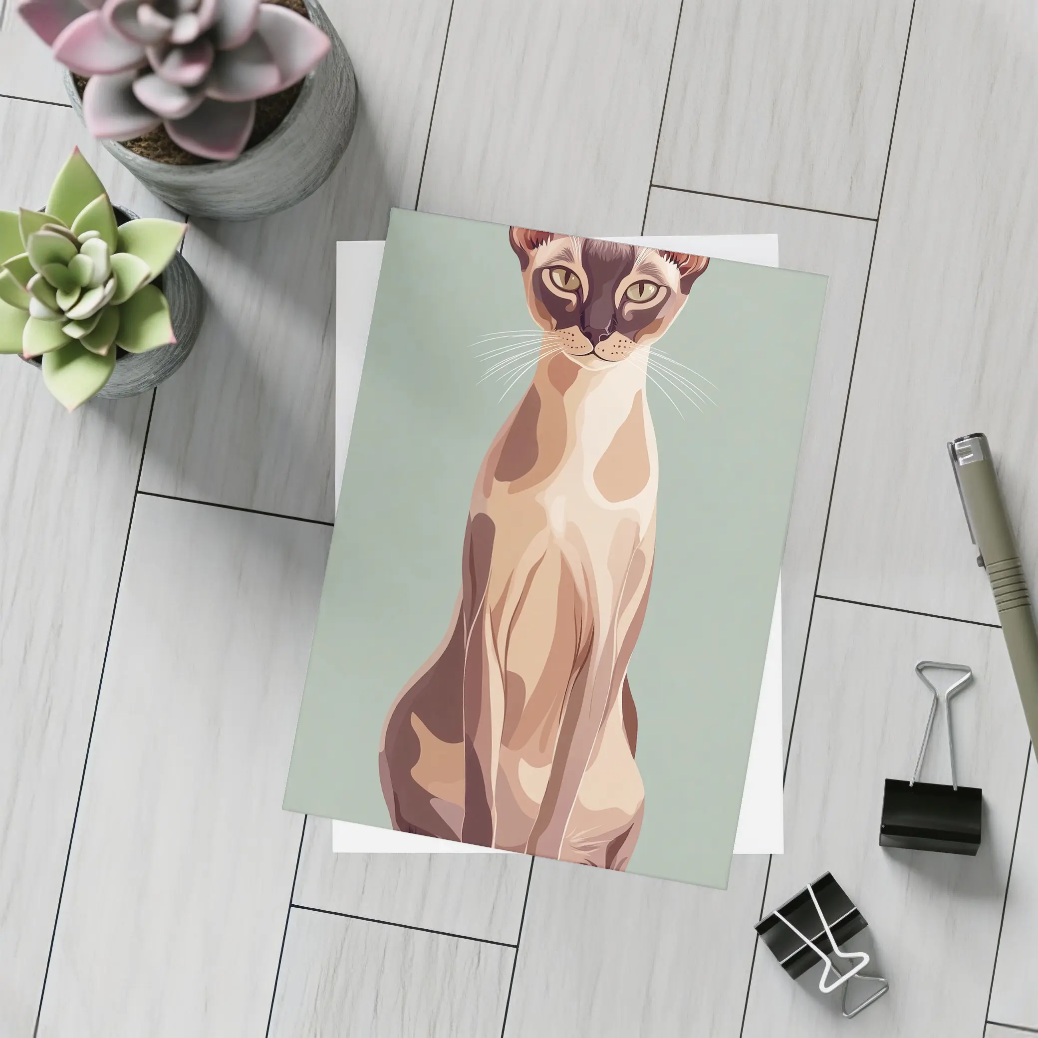 Tonkinese Cat Illustration Sage Green Background – Postcards