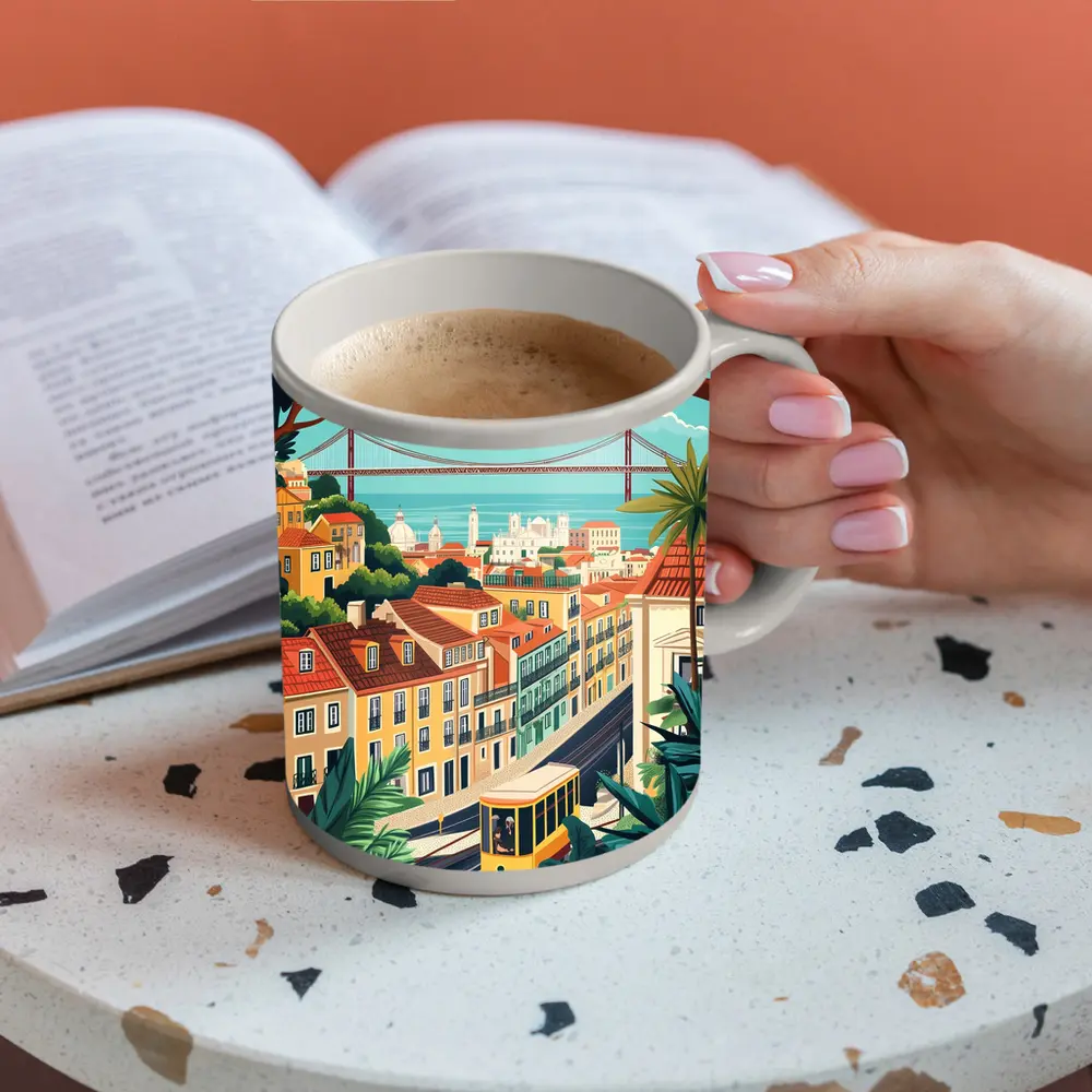 Lisbon City Tram Illustration Travel Art – Mugs