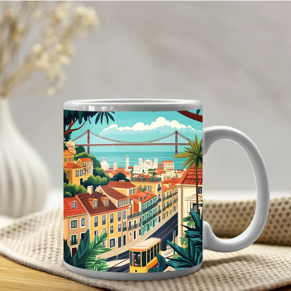 Lisbon City Tram Illustration Travel Art – Mugs