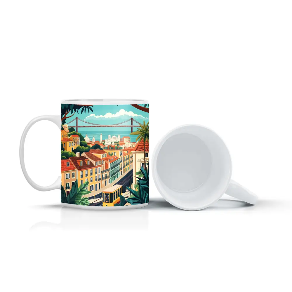Lisbon City Tram Illustration Travel Art – Mugs