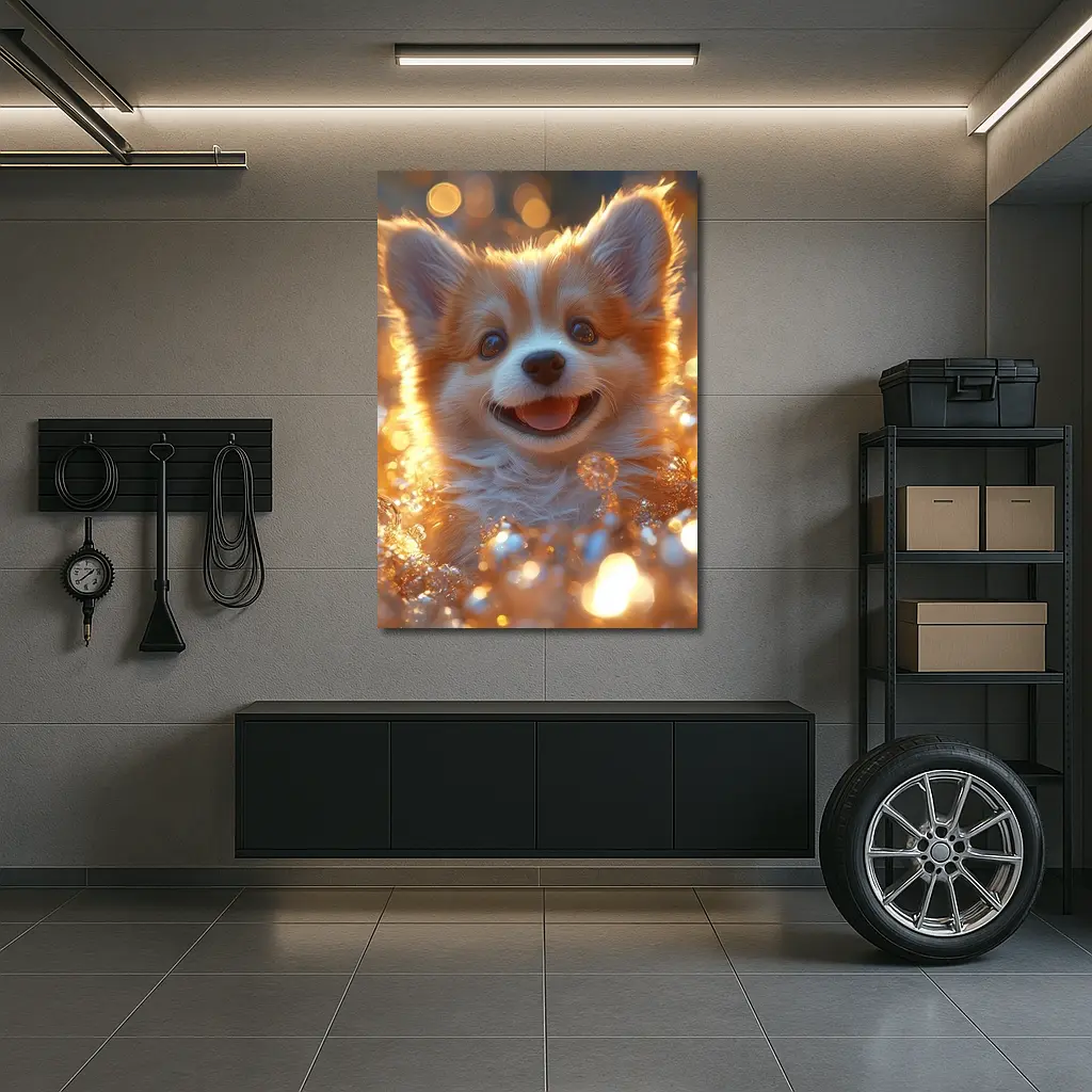 Happy Corgi Puppy Golden Bokeh Lights – Wall Art