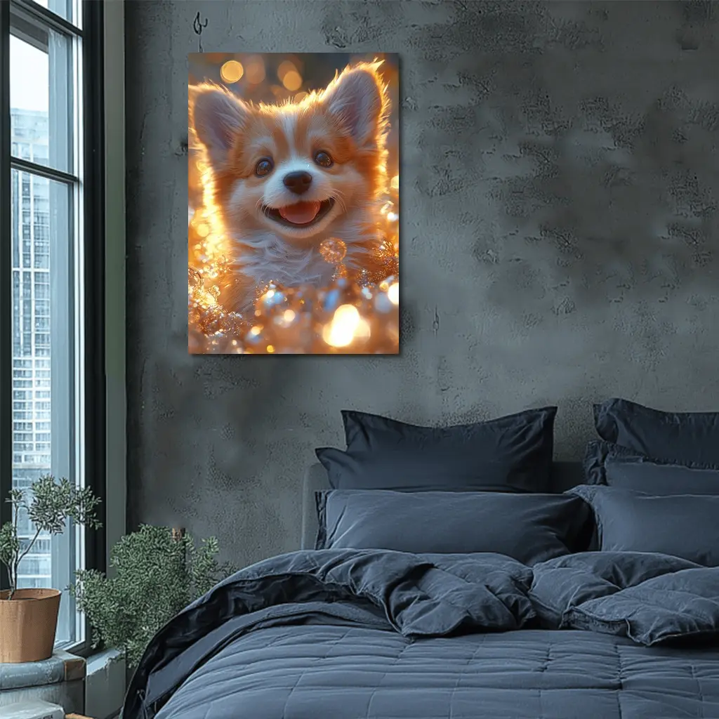 Happy Corgi Puppy Golden Bokeh Lights – Wall Art