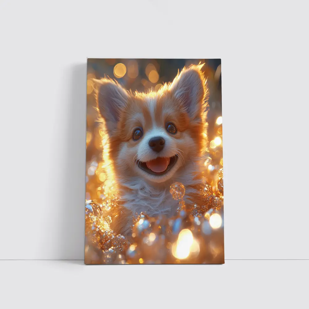 Happy Corgi Puppy Golden Bokeh Lights – Wall Art