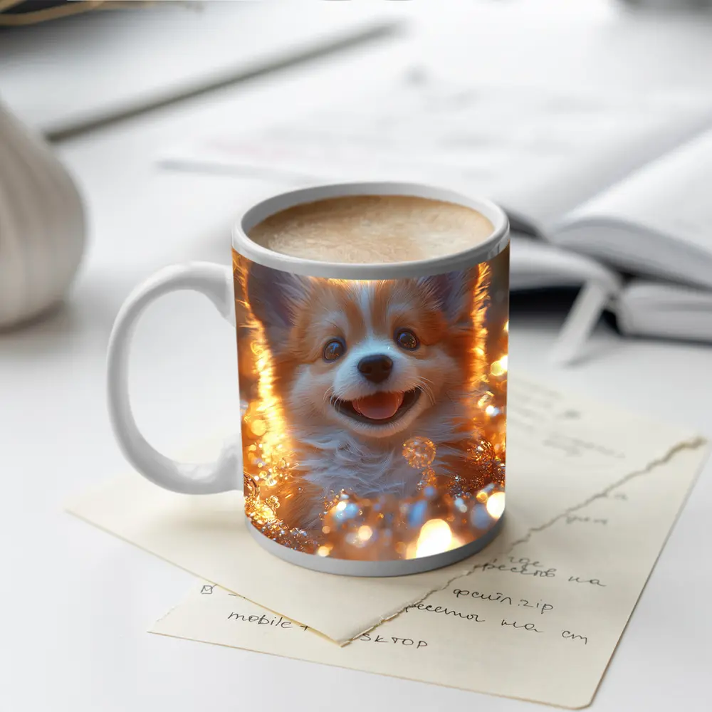 Happy Corgi Puppy Golden Bokeh Lights – Mugs
