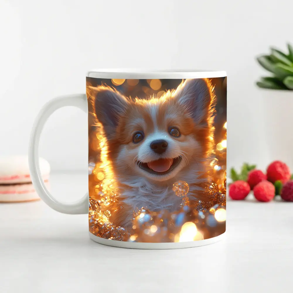 Happy Corgi Puppy Golden Bokeh Lights – Mugs