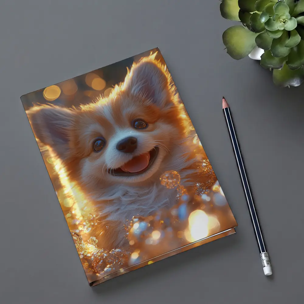Happy Corgi Puppy Golden Bokeh Lights – Notebooks