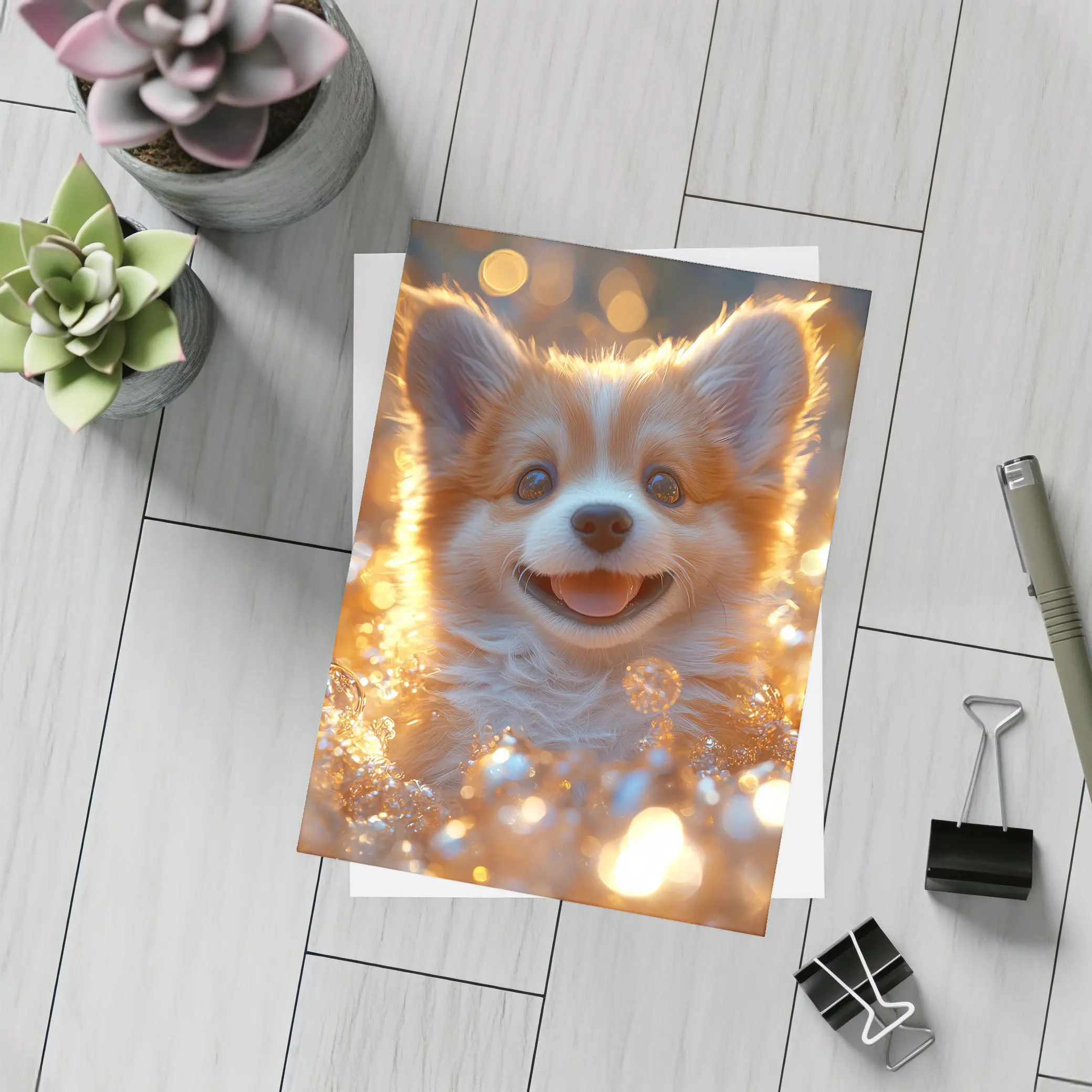Happy Corgi Puppy Golden Bokeh Lights – Postcards