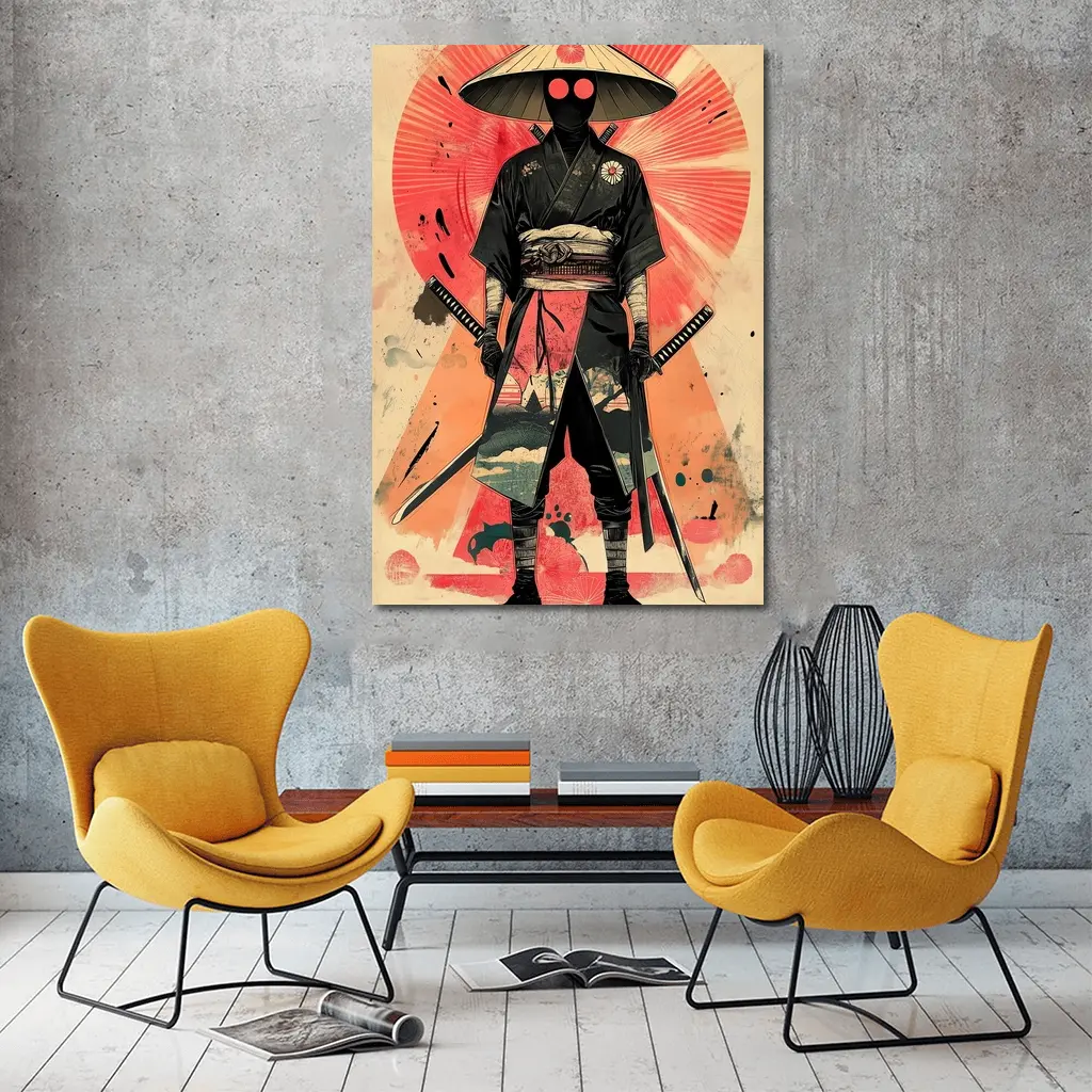 Masked Samurai Warrior Dual Swords Red Background – Wall Art