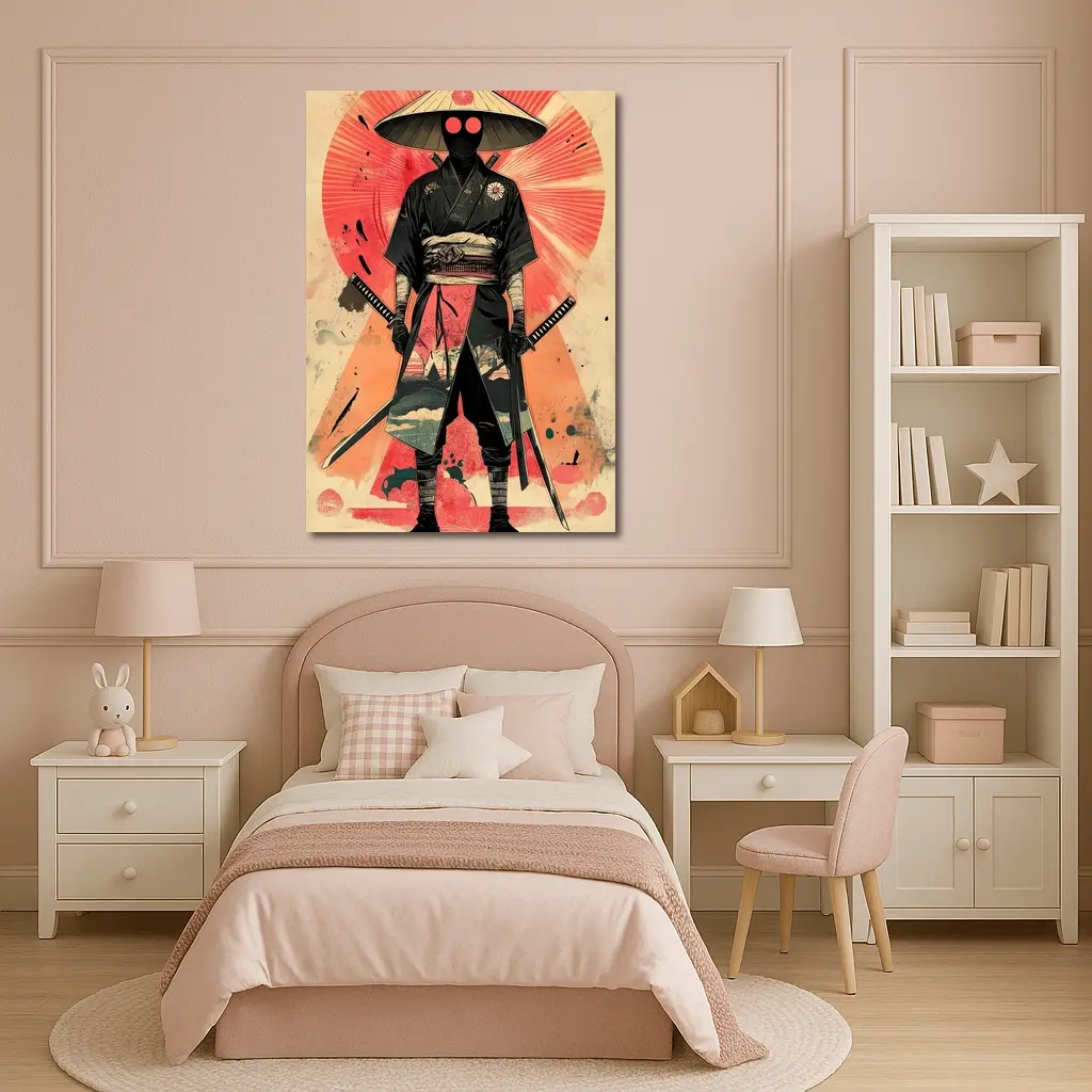 Masked Samurai Warrior Dual Swords Red Background – Wall Art