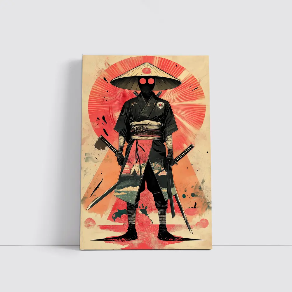 Masked Samurai Warrior Dual Swords Red Background – Wall Art