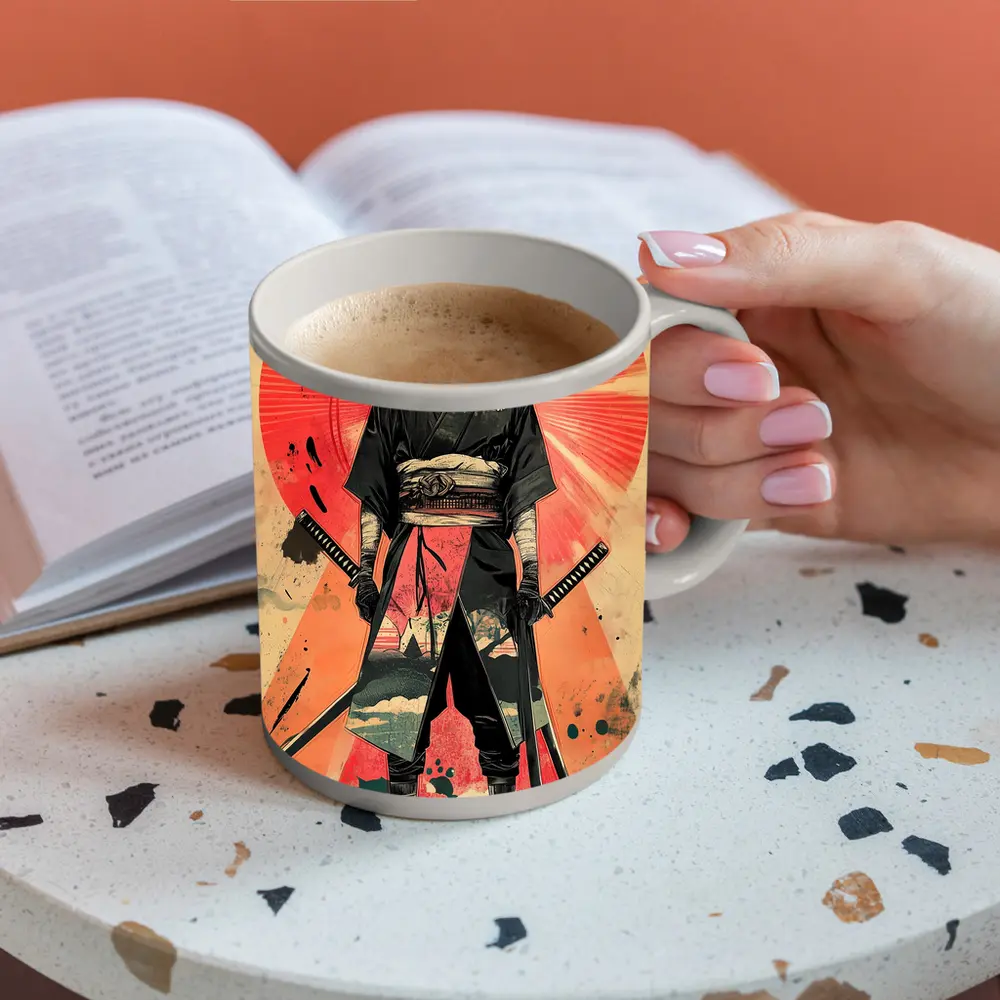 Masked Samurai Warrior Dual Swords Red Background – Mugs
