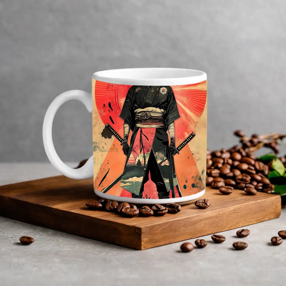 Masked Samurai Warrior Dual Swords Red Background – Mugs
