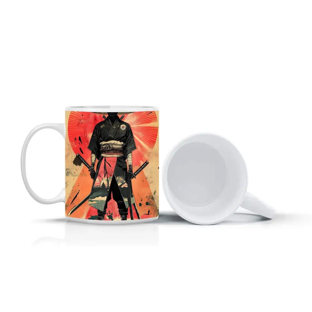 Masked Samurai Warrior Dual Swords Red Background – Mugs