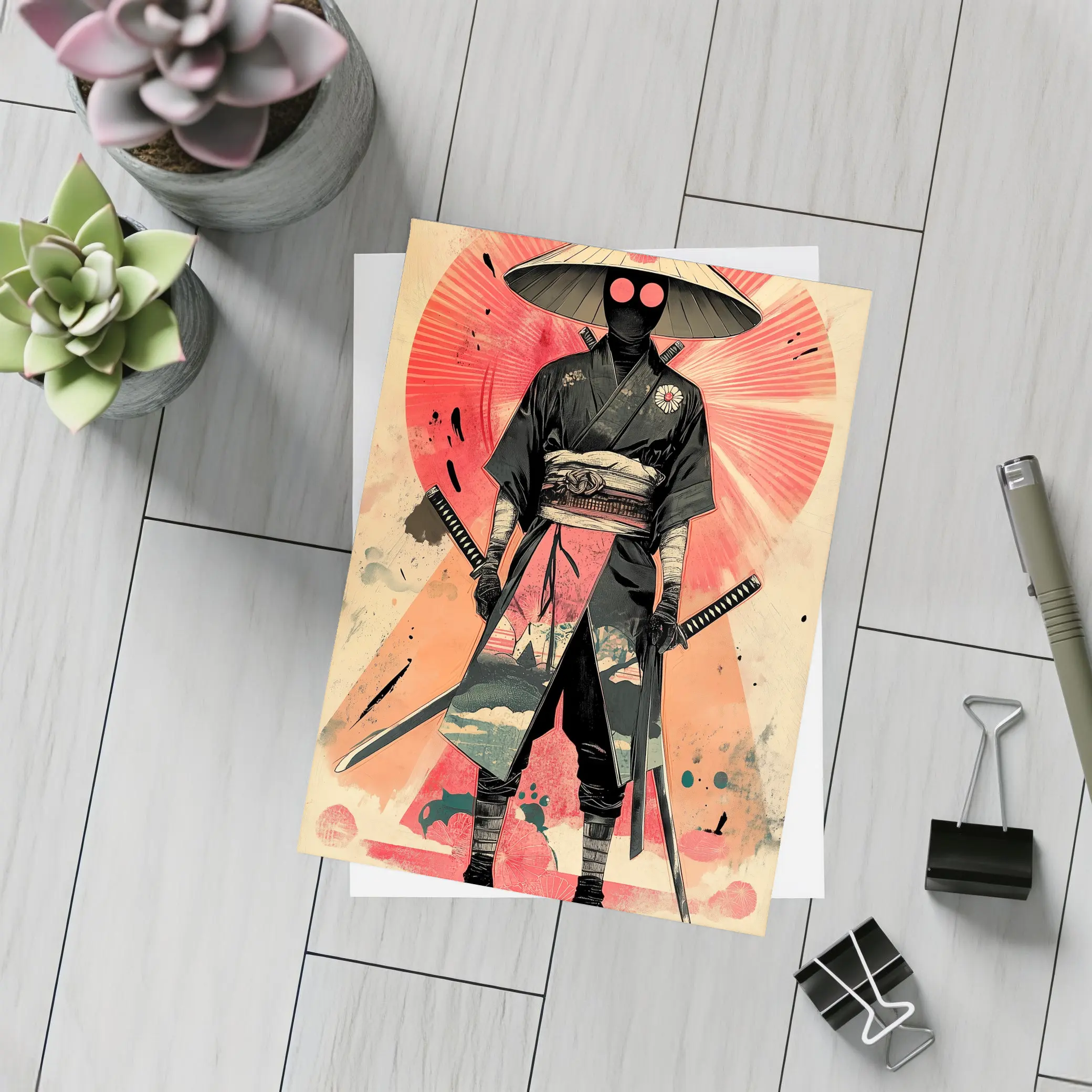 Masked Samurai Warrior Dual Swords Red Background – Postcards