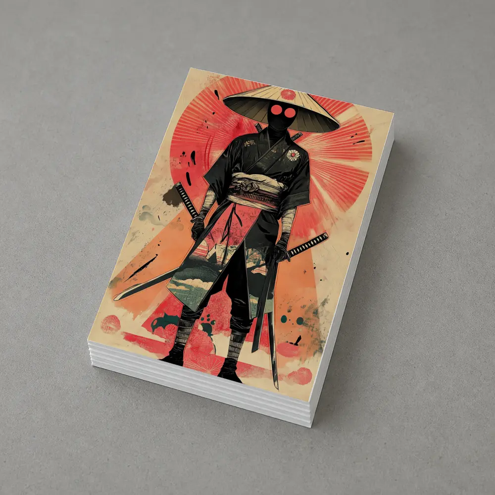 Masked Samurai Warrior Dual Swords Red Background – Postcards