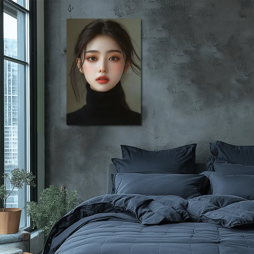 Asian Woman Portrait Dark Turtleneck Neutral Background – Wall Art