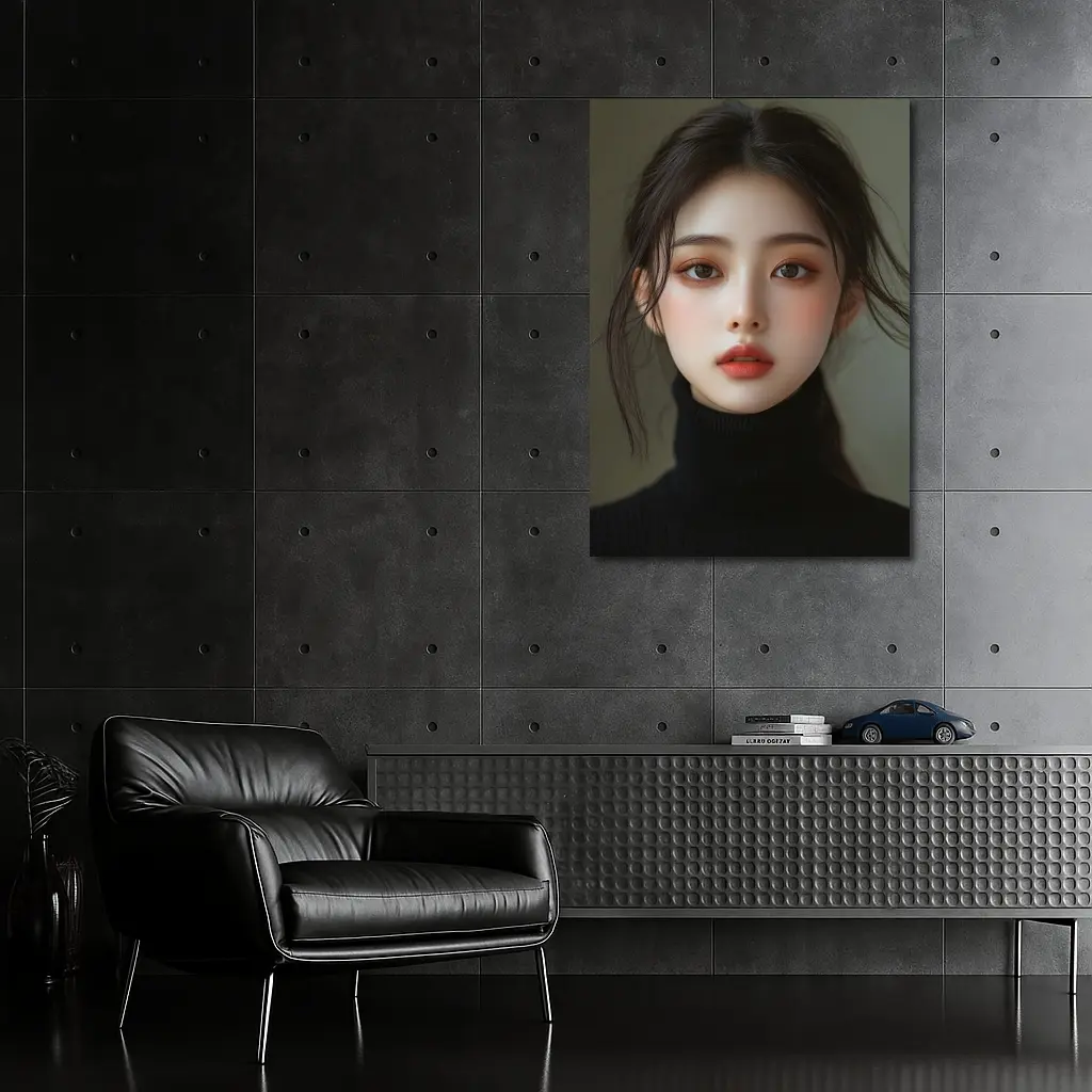 Asian Woman Portrait Dark Turtleneck Neutral Background – Wall Art