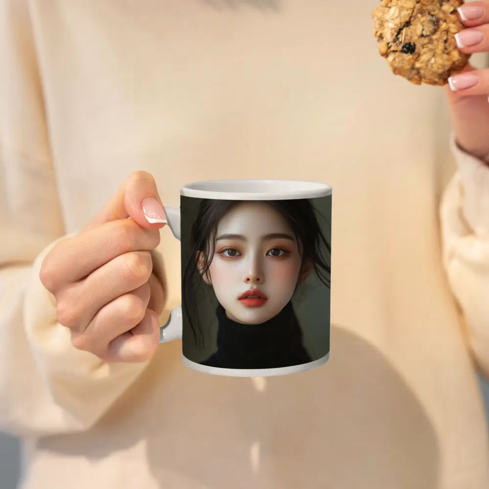 Asian Woman Portrait Dark Turtleneck Neutral Background – Mugs