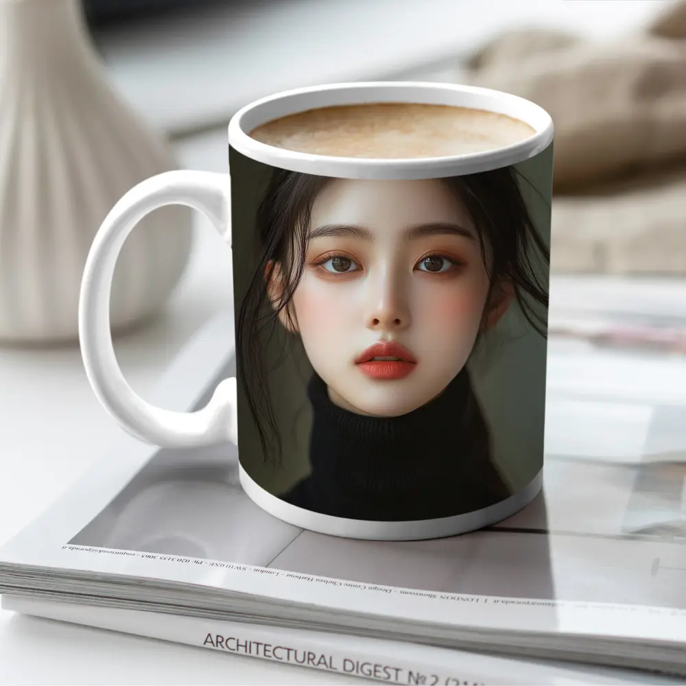 Asian Woman Portrait Dark Turtleneck Neutral Background – Mugs