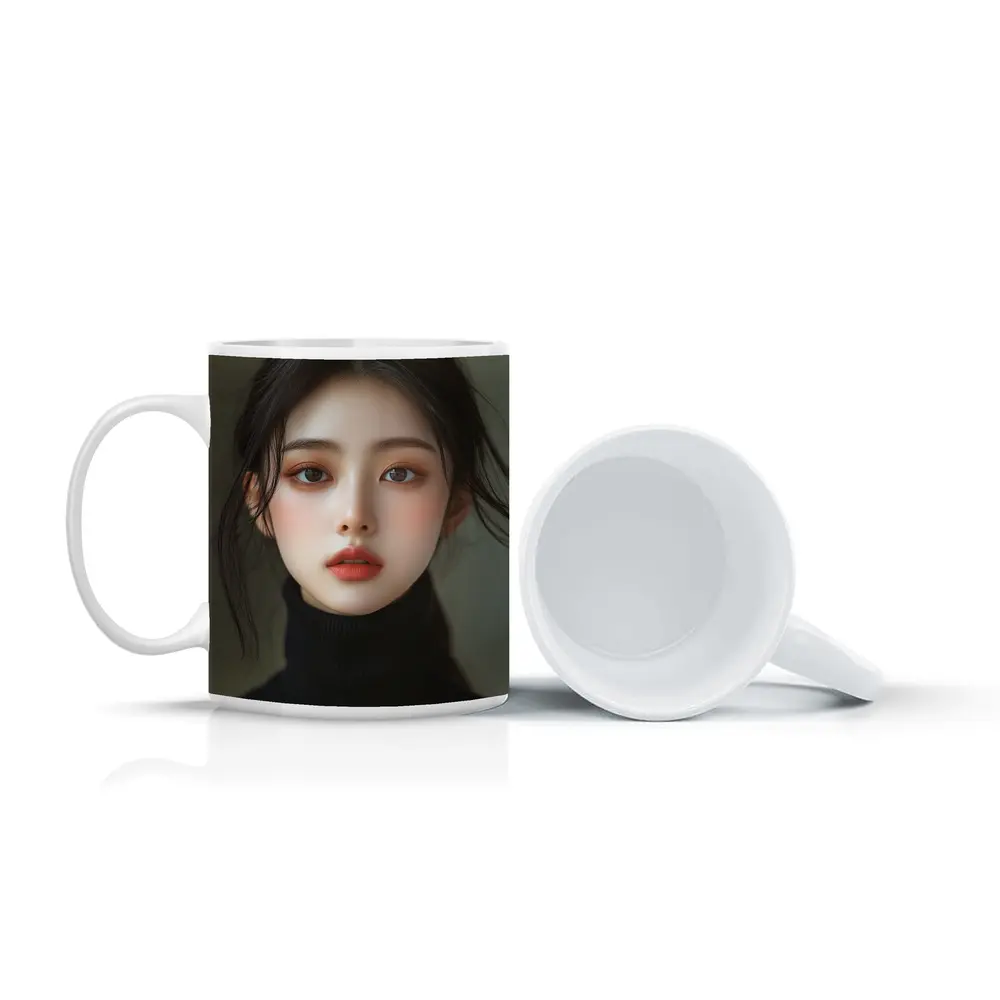 Asian Woman Portrait Dark Turtleneck Neutral Background – Mugs