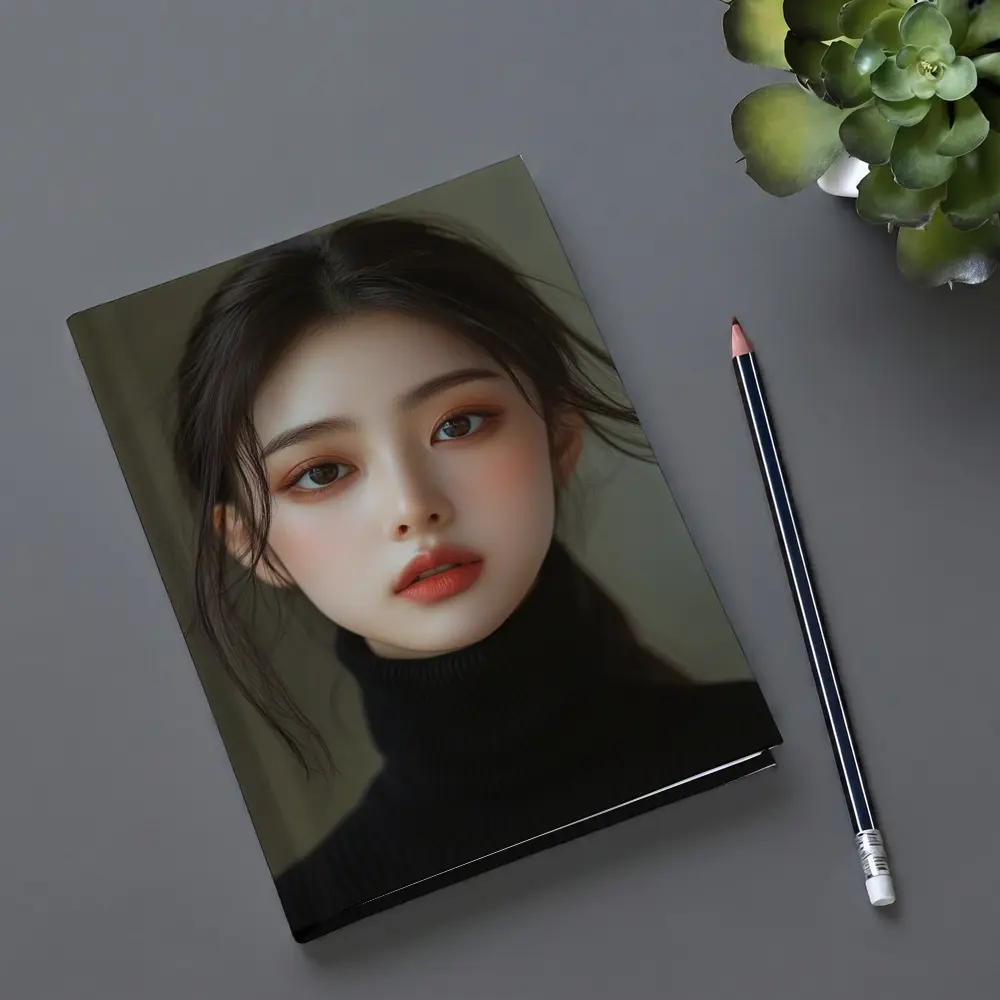 Asian Woman Portrait Dark Turtleneck Neutral Background – Notebooks