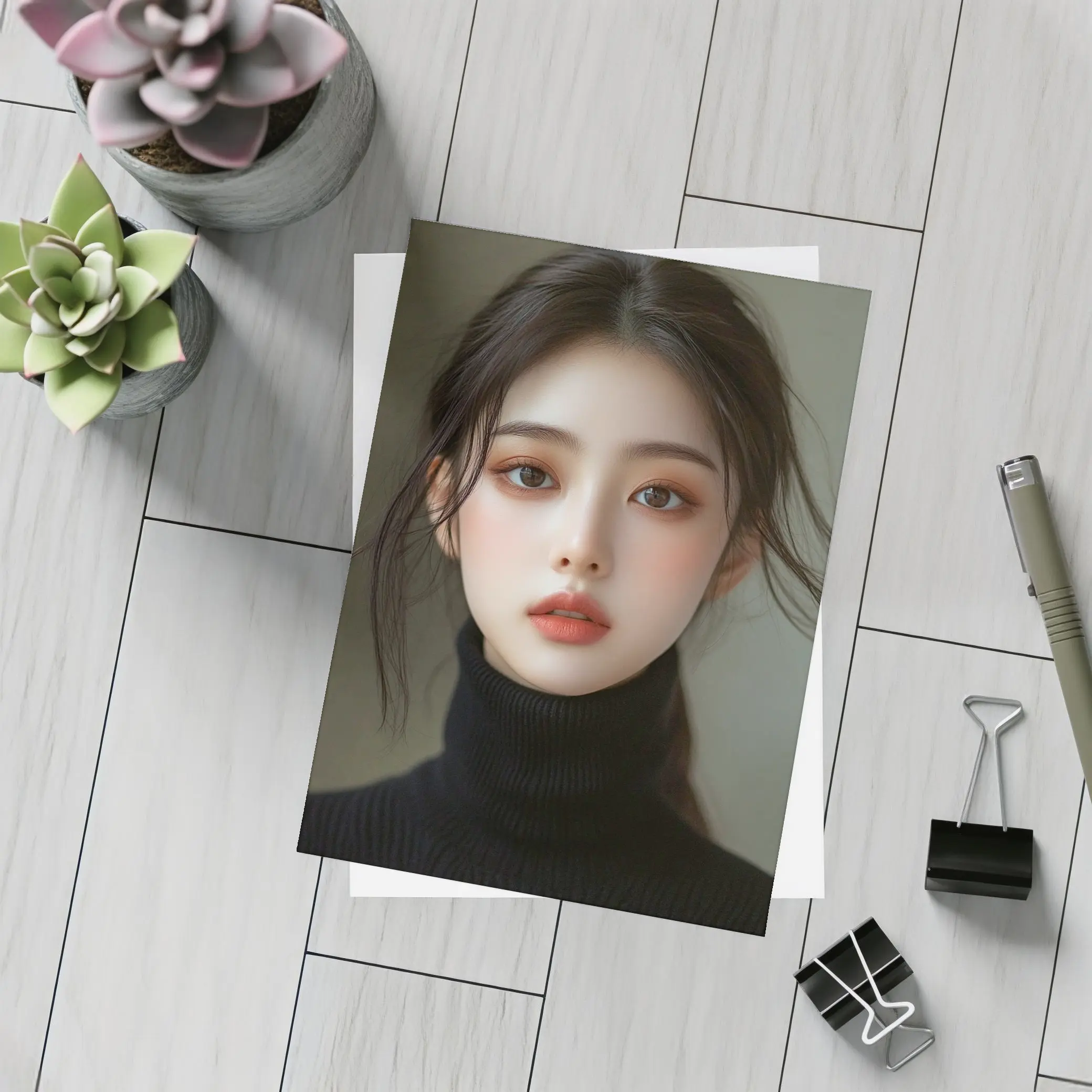 Asian Woman Portrait Dark Turtleneck Neutral Background – Postcards