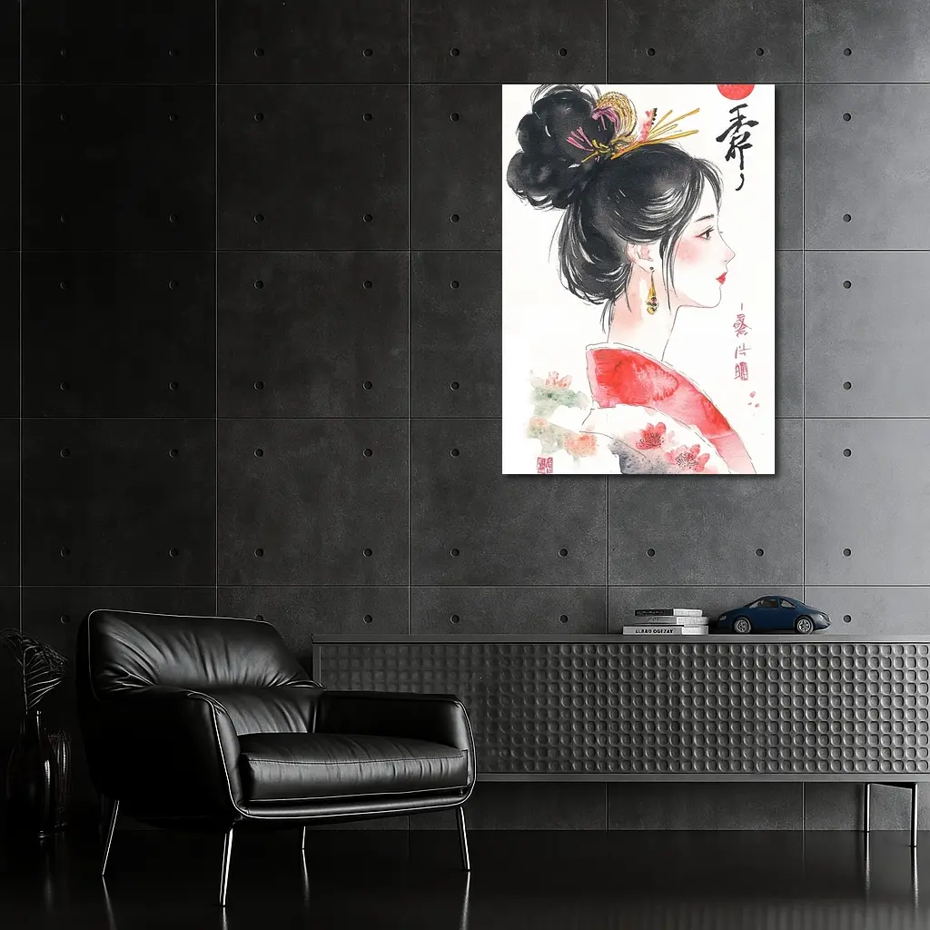 Japanese Ink Painting Woman Profile Red Sun – Wall Art