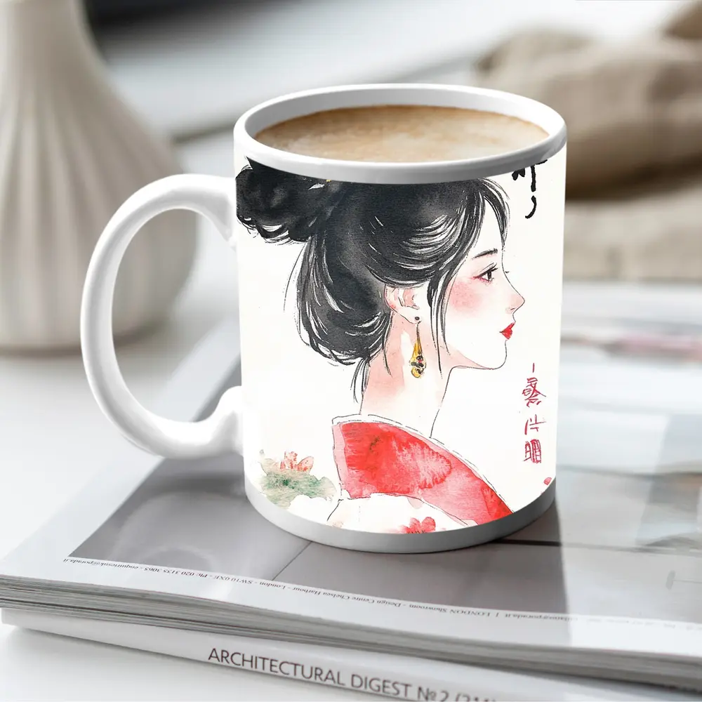 Japanese Ink Painting Woman Profile Red Sun – Mugs