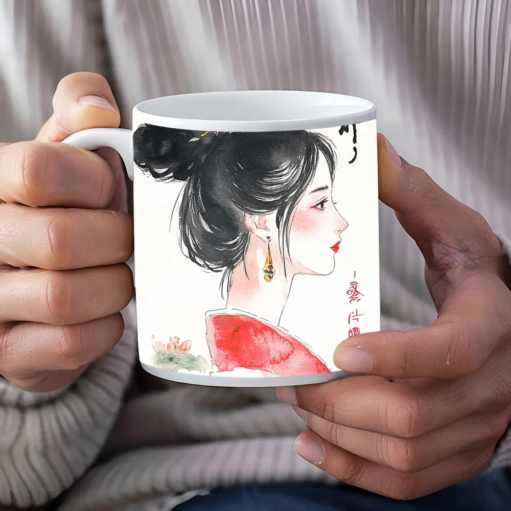 Japanese Ink Painting Woman Profile Red Sun – Mugs