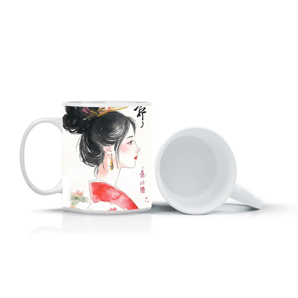 Japanese Ink Painting Woman Profile Red Sun – Mugs