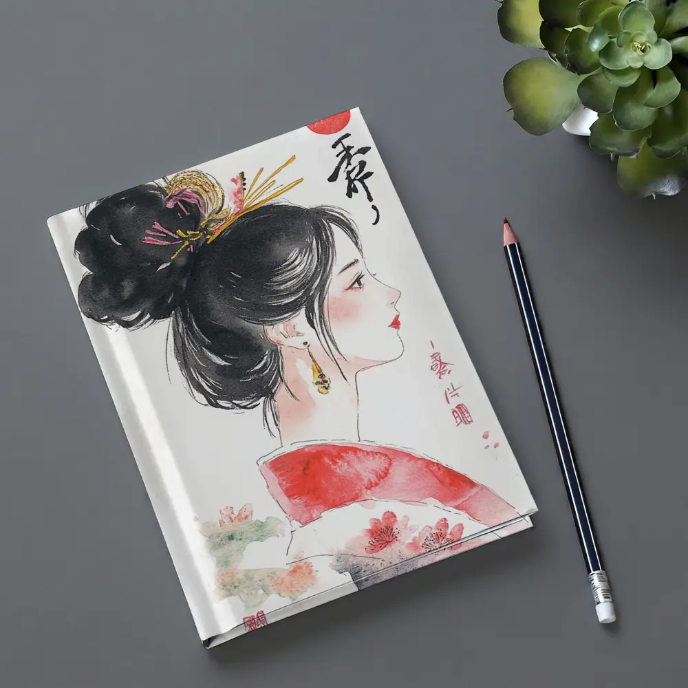 Japanese Ink Painting Woman Profile Red Sun – Notebooks
