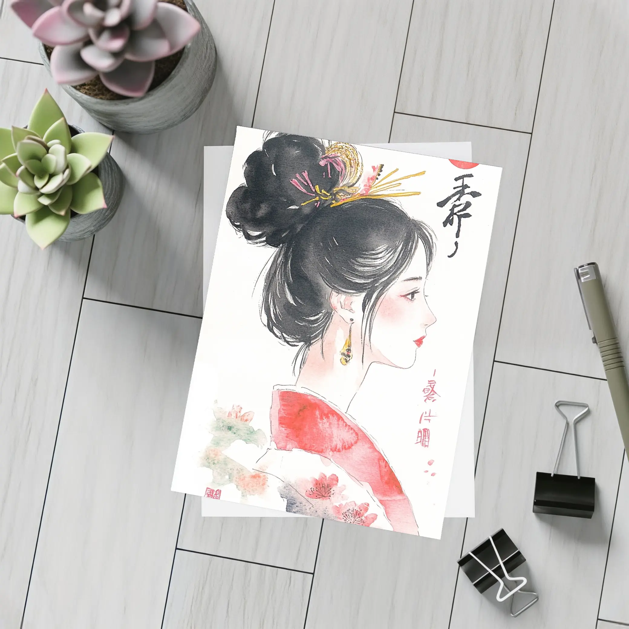 Japanese Ink Painting Woman Profile Red Sun – Postcards