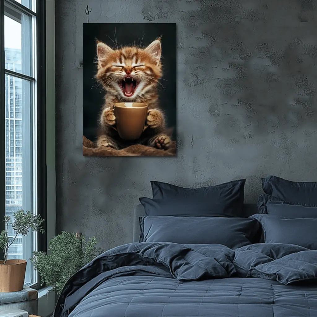 Funny Kitten Holding Coffee Cup Dark Background – Wall Art