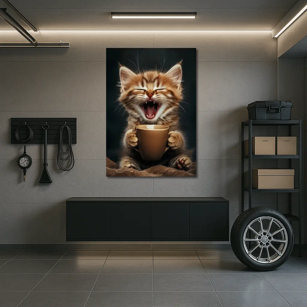 Funny Kitten Holding Coffee Cup Dark Background – Wall Art